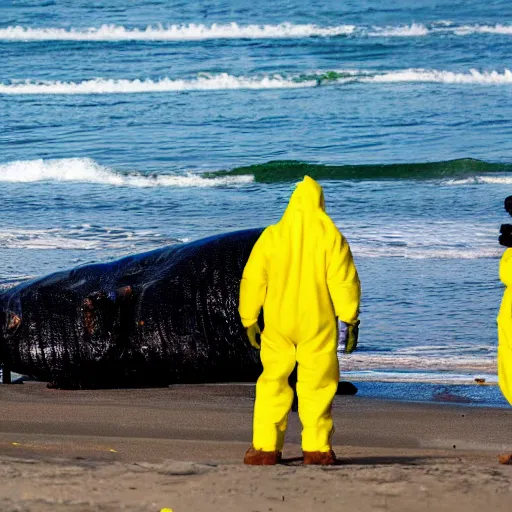 Image similar to Professional Photography, long shot, People in yellow chemical hazmat suits are investigating a huge creepy black creature washed up on the beach.