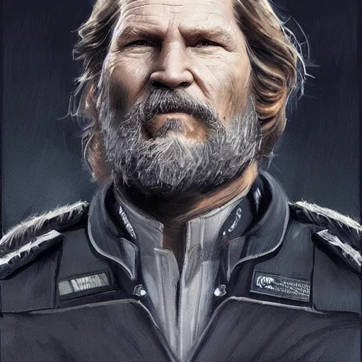 Image similar to portrait of a man by greg rutkowski, he looks like jeff bridges, wearing the military uniform of the corellian confederation, star wars expanded universe, he is about 5 0 years old, highly detailed portrait, digital painting, artstation, concept art, smooth, sharp foccus ilustration, artstation hq