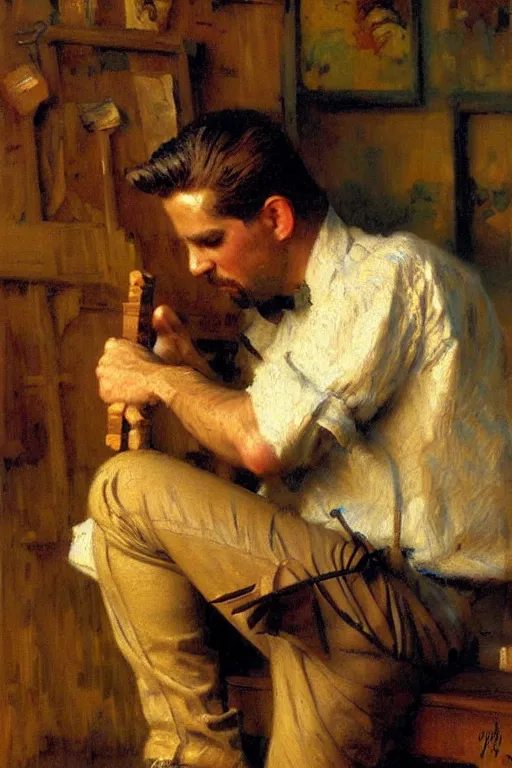 Image similar to gorgeous male whittling a wooden figure, alsace, painting by gaston bussiere, craig mullins, j. c. leyendecker