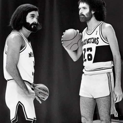 Image similar to 7 0 s television image of an nba basketball board cast, depicting charles manson shooting free throws, by errol morris