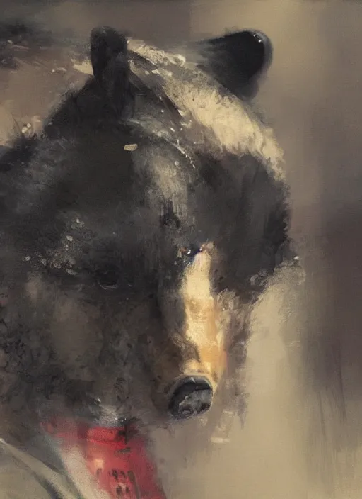 Image similar to portrait painting of anthropomorphic black bear in traditional japanese clothes by jeremy mann, only one head single portrait