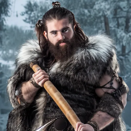 Image similar to a dnd barbarian half frost giant with pale skin and short black beard and hair wearing a fur coat, shoulder armor and holding an axe, neatly trimmed black beard, high resolution film still, 4k, HDR color