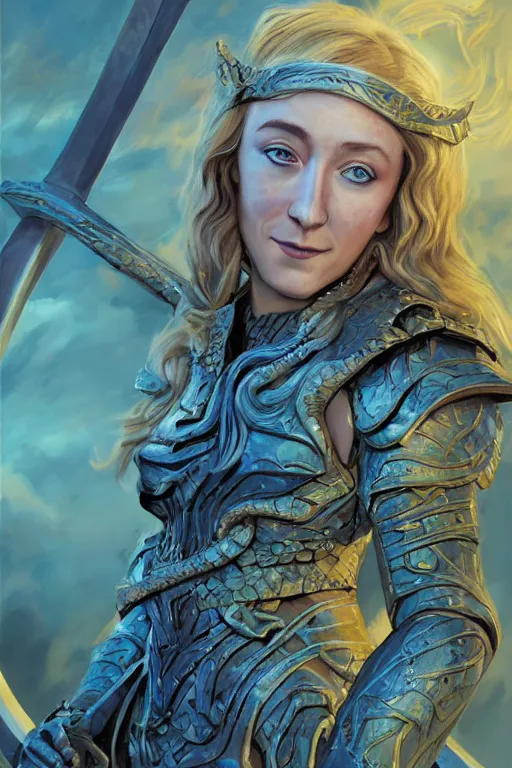 Prompt: A fantasy comic book style portrait painting of, hybrid of Saoirse Ronan, Cory Chase, as an Atlantean, Reptilian Warrior, Mystical Valkyrie, Armor, Sword, Spear, Sheild, François Boucher, Oil Painting, unreal 5, DAZ, hyper realistic, Photorealistic, octane render, Regal, Refined, Coherent, Detailed Digital Art, RPG portrait, William-Adolphe Bouguereau, Michael Cheval, Walt Disney (1937), Steampunk, golden dappled lighting, dynamic lighting, Highly Detailed, Cinematic Lighting, Unreal Engine, 8k, HD