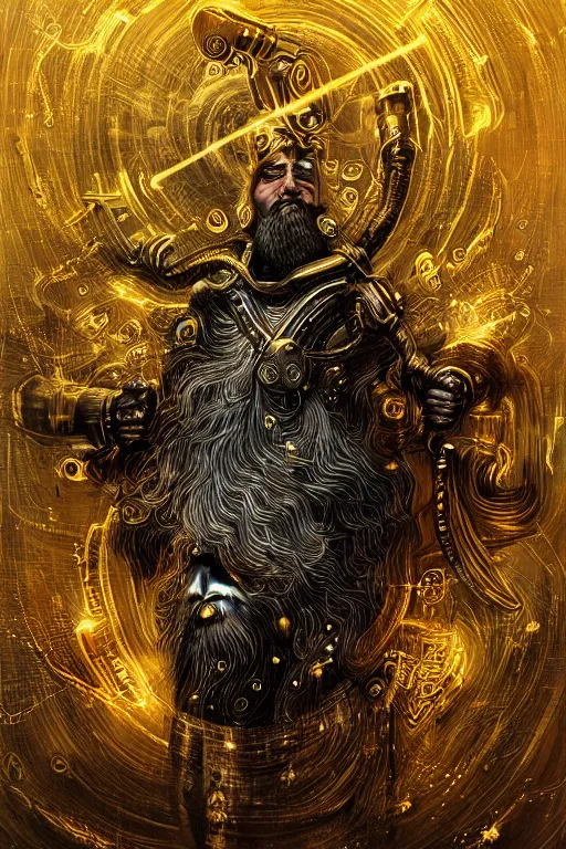 Image similar to mythological odin all father supreme God of thunder and artificial intelligence creating himself with an artificial neural network with gold synapses on an anvil, high resolution, award winning art, trending on art station, sharp image, incredibly detailed, detailed character realistic painting