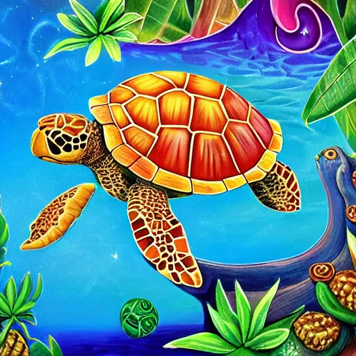 Prompt: turtle with beautiful spiral patterns and gemstones on shell surrounded by tropical plants detailed magical realism painting 4 k