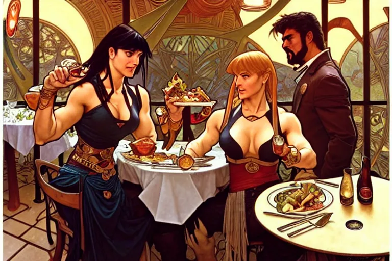 Image similar to xena warrior princess eating at a restaurant, with a hispanic man in a suit as her companion, art by artgerm and greg rutkowski and alphonse mucha