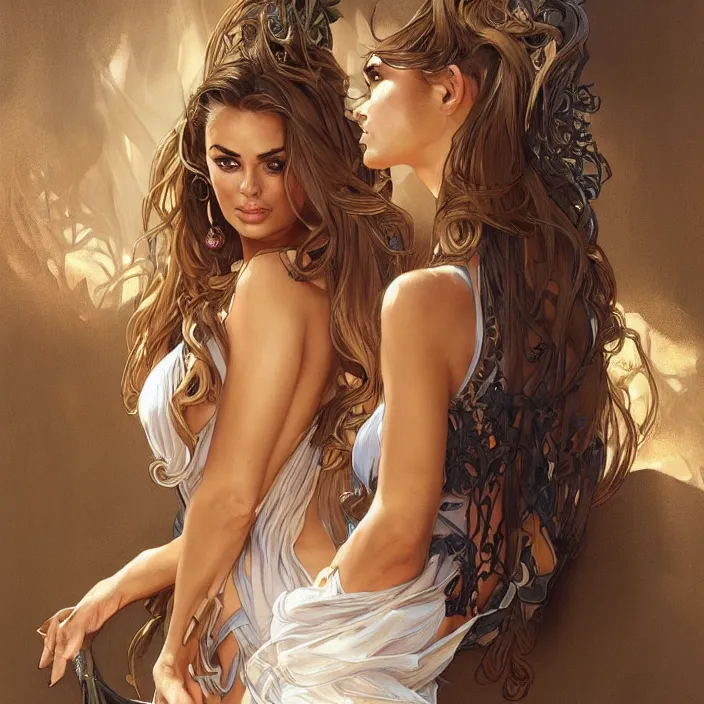 Image similar to portrait of Carmen Electra, fantasy low cut dress, intricate, elegant, highly detailed, digital painting, artstation, concept art, smooth, sharp focus, illustration, art by artgerm and greg rutkowski and alphonse mucha