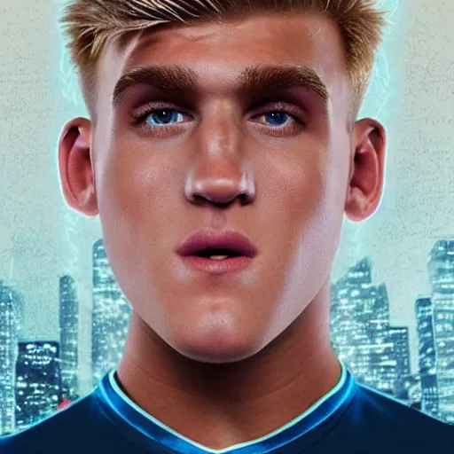 Image similar to a realistic detailed photo of boxer & youtuber jake paul with a mind control chip on his head, blank stare, shiny skin, becoming a mindless robot