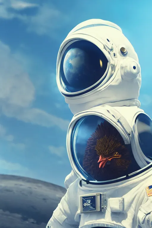 Image similar to a chicken wearing a astronaut suit in a alien planet, profile picture, digital art, concept art, trending on DeviantArt, highly detailed, high quality, 4K, cartoon, high coherence, path traced, blue sky in the background, octane render, digital painting, no helmet, masterpiece