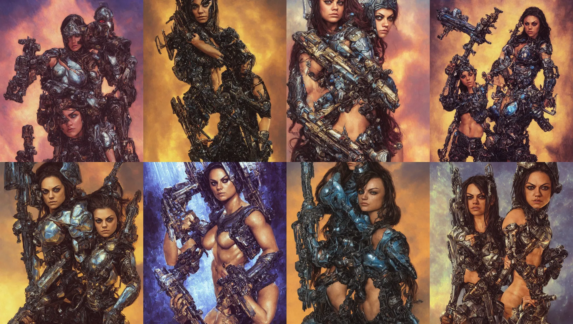 Image similar to bodybuilder mila kunis closeup portrait of a beautiful biblical diabolical girl holding a large cyber rifle, visor, neon armor, golden hour, gerald brom, mikhail vrubel, peter elson, muted pastel colors, extreme detail, light rain, trending on artstation, 8 k