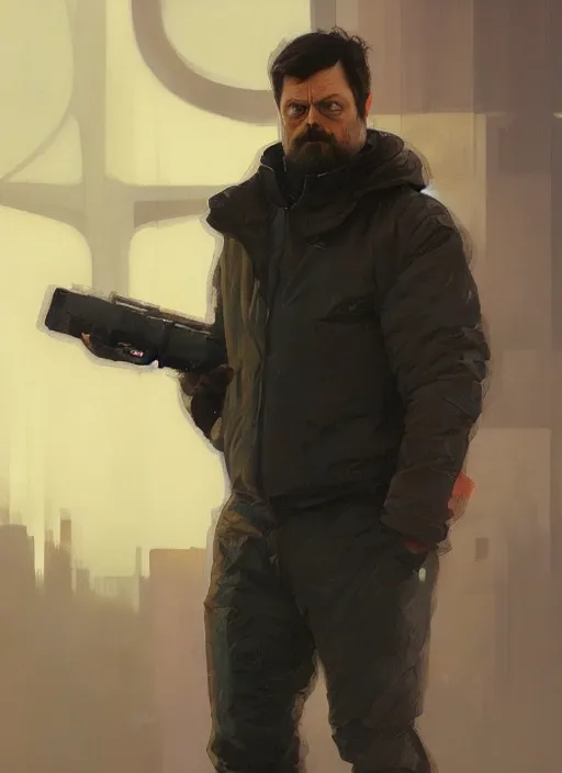 Prompt: a full body portrait oil painting illustration of nick offerman by justin sweet and greg rutkowski and alphonse mucha with face and body clearly visible, techwear, futuristic, cyberpunk, artstation trending, high quality, sombre mood, artstation trending, abstract colours, no crop, entire character!,