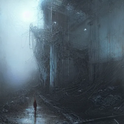 Image similar to lost and alone in an industrial wasteland by gustave dore and gustave moreau and beksinski and giger and craig mullins and jeremy mann