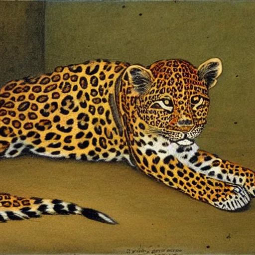 Prompt: a painting of a leopard sitting on the ground, an illustration of by charles maurice detmold, deviantart, qajar art, photoillustration, grotesque, full body