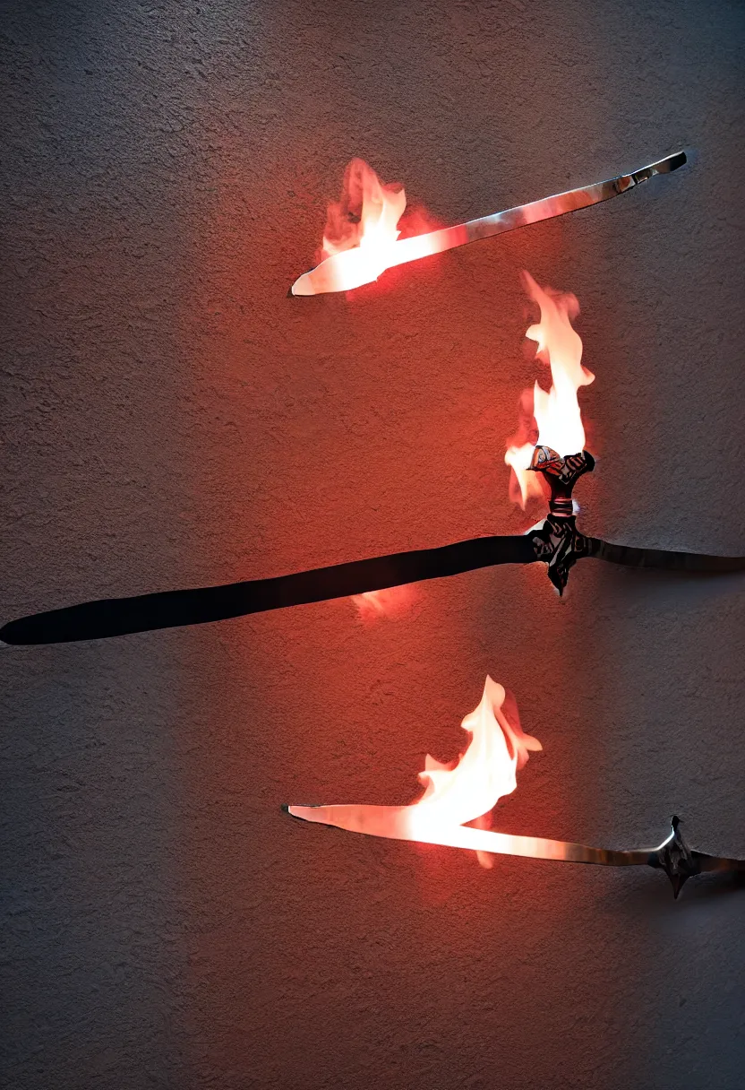 Image similar to photo of a magical fantasy longsword displayed on a wall. the sword is glowing with hot fire power and giving off a subtle black smoke.