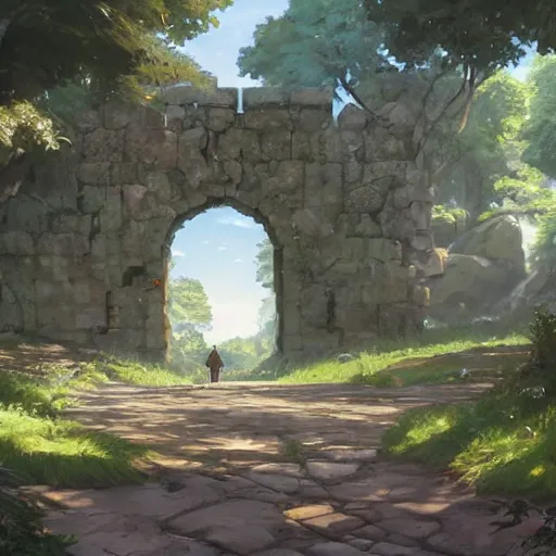 Prompt: concept art painting of an ornate ancient stone archway, in the woods, trees in foreground, realistic, detailed, cel shaded, in the style of makoto shinkai and greg rutkowski and james gurney