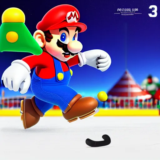 Image similar to super mario playing hockey, highly detailed, extremely high quality, hd, 4 k, 8 k, canon 3 0 0 mm, professional photographer, 4 0 mp, lifelike, top - rated, award winning, realistic, detailed lighting, detailed shadows, sharp, no blur, edited, corrected, trending