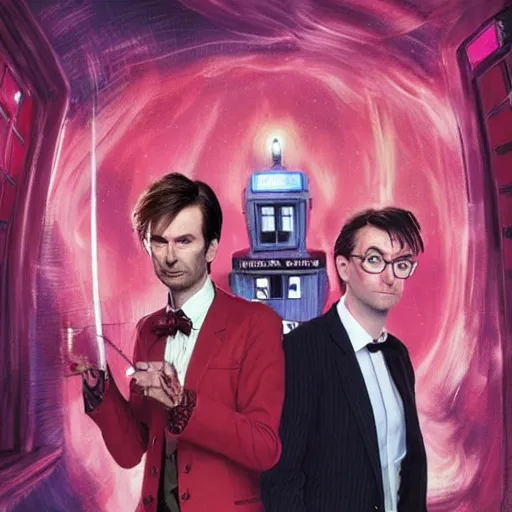 Image similar to david tennant as tenth doctor who and donald trump in pink clothes in tardis, highly detailed, artstation, concept art, fantasy, smooth, sharp focus, illustration, perfect face, art by nikolay makovsky, jacek malczewski, arthur hughes, edward okun, franz xaver winterhalter