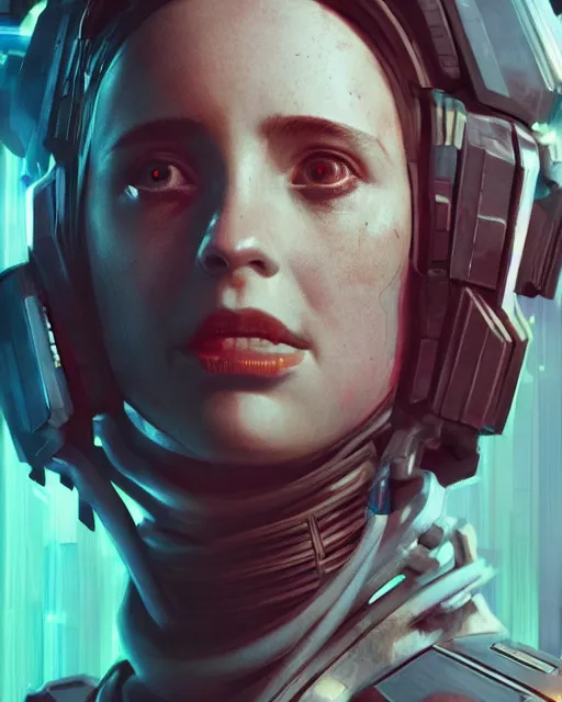 Image similar to maya hawke as cyberpunk armored gunman, scifi character portrait by greg rutkowski, esuthio, craig mullins, 1 / 4 headshot, cinematic lighting, dystopian scifi gear, gloomy, profile picture, mechanical, half robot, implants, steampunk