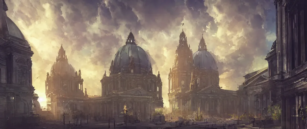 Image similar to futuristic nazi german city, Berlin cathedral, concept art, digital painting, style of jordan grimmer, futuristic, volumetric lighting, view from below, symmetrical, vivid colours, bright, daytime, godrays