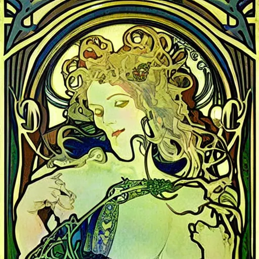 Image similar to an art nouveau painting by Alphonse Mucha of the god Cthulhu