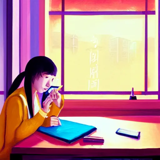 Image similar to An expressive Lo-fi style painting of a Korean girl sat writing in a journal while wearing headphones illuminated by a desk lamp and neon lights, in the background is a window overlooking a rainy night-time city, with a cat resting on the window cill, a relaxed and dreamy atmosphere, highly atmospheric with dynamic lighting, highly detailed, 8K