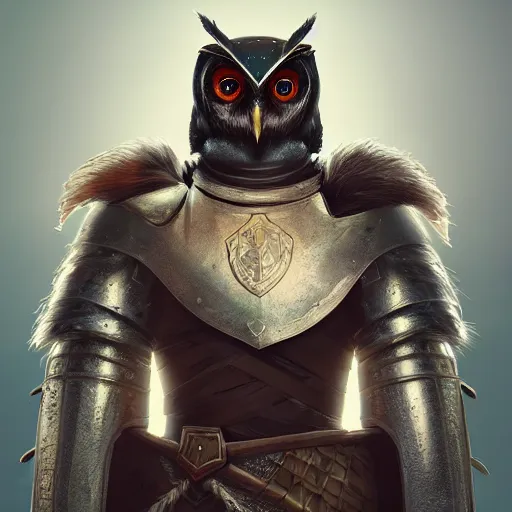 Prompt: a portrait of an owlknight, wearing a knight armor and a cape, fantasy artwork, cartoon style, colors, detailed, realistic lighting, octane render, 4 k,