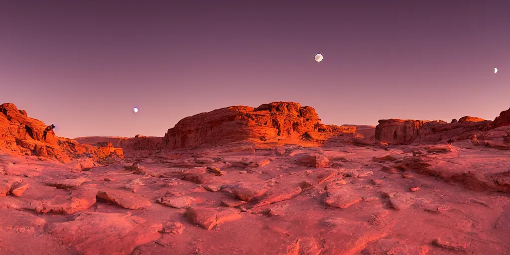 Image similar to a view looking out of a cave of a dried up river bend running through a canyon surrounded by desert mountains at sunset on mars, purple sky, two moons, planet mars, moab, utah, a tilt shift photo by frederic church, trending on unsplash, hudson river school, photo taken with provia, national geographic photo