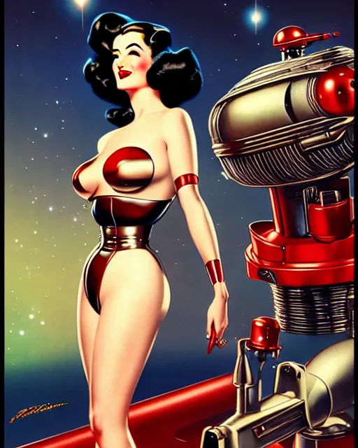 Image similar to closeup beautiful retro space dita von teese posing with a chrome robot in dieselpunk city at night, pinup, windblown dark hair, seductive, hyper detailed, digital art, smooth, sharp focus, gil elvgren, luis royo, alberto vargas, 1 9 5 0, when mars attacks