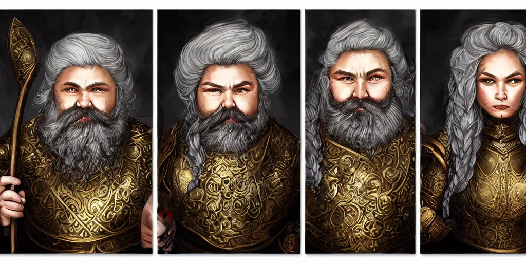 Image similar to triptych of elderly female feminine bearded dwarven heavyset fighter with curly long grey hairstyle, her full beard is long and plaited style, she has wrinkled skin and is wearing full black platemail armor with intricate slight gold trim by rossdraws, triptych format