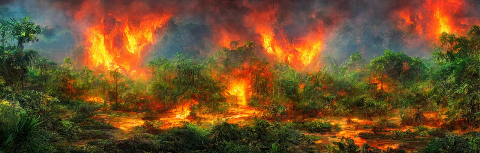 Image similar to painting of a jungle on fire!! scene on an alien planet by vincent bons. ultra sharp high quality digital render. detailed. beautiful landscape. weird vegetation. water.