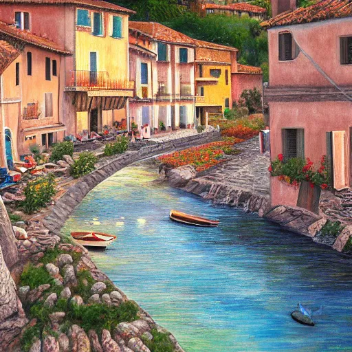 Image similar to High-Quality realist painting of a river crossing a traditional village in a valley in the French Riviera at dawn, peaceful, very detailed, digital art.