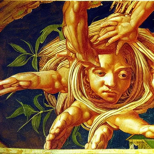 Image similar to realistic biblical painting of the flying spaghetti monster, on the ceiling of the sistine chapel, painted by michaelangelo