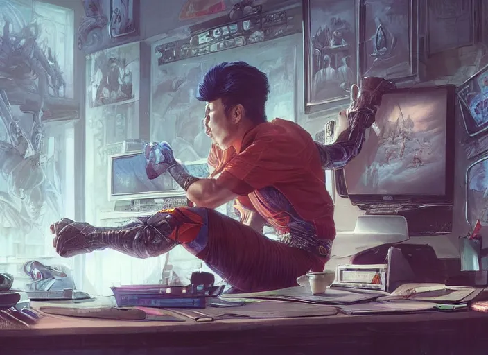 Image similar to an insanely detailed painting of an asian man wearing a homemade superhero costume, sitting at a desk, staring seriously at the computer and typing, in the style of peter mohrbacher, james jean, artgerm, dramatic lighting and composition, surreal background, octane render, pixar, trending on artstation, concept art, comic book, view from behind, 8 k