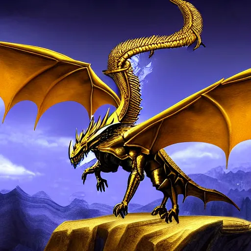 Image similar to anthromorphed winged dragon armored with a golden armor holding a yellow sword on top of a mountain, digital art, matte painting