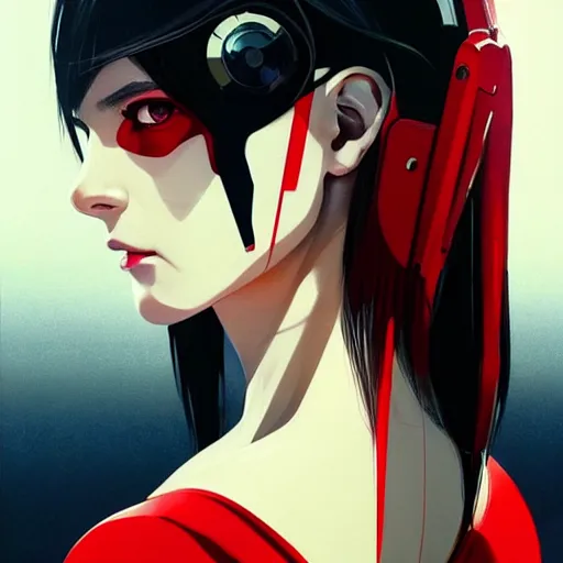 Image similar to A beautiful cyborg woman with red and black metallic parts || ANIME, fine-face, realistic shaded perfect face, fine details. Anime. realistic shaded lighting poster by Ilya Kuvshinov katsuhiro otomo ghost-in-the-shell, magali villeneuve, artgerm, Jeremy Lipkin and Michael Garmash and Rob Rey