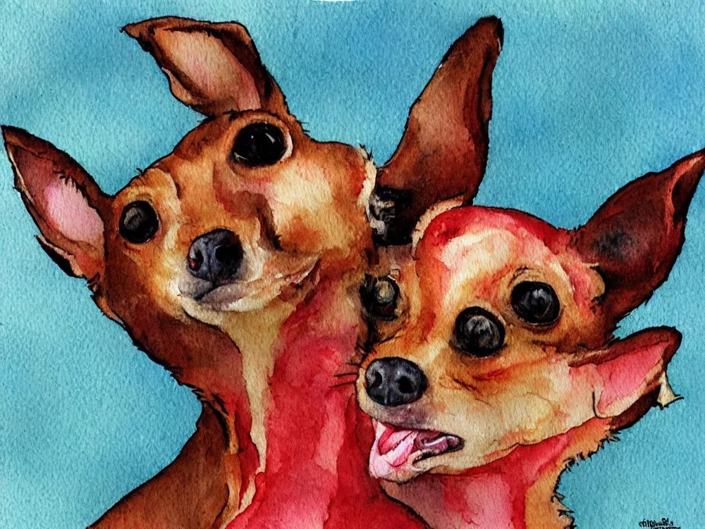 Image similar to a chihuahua dreams of meat slushie outsider art children's illustration watercolor painting