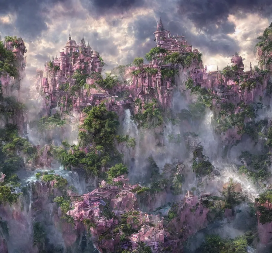 Image similar to beautiful!!! digital painting of a ( ( ( floating cloud kingdom, cloud platforms ) ) ) with an intricate expensive castle and waterfalls!! | dreamy pink!!! sunset!!! intricate civilization, epic rim lighting, dramatic!!!! craig mullins, james jean, octane render, trending on artstation, deviantart, studio level quality, hyperdetailed