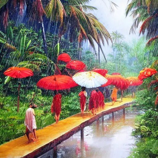 Image similar to monsoon on tropical island, attractive oriental native in white, frontal, ornate, beautiful, atmosphere, vibe, mist, coconuts, rain, wet, pristine, puddles, melting, dripping, snow, creek, lush, ice, bridge, forest, roses, flowers, oil painting by hans zatska