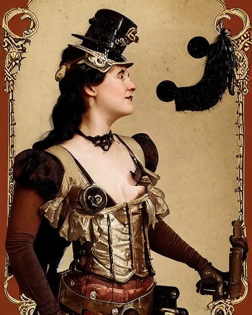 Prompt: rook bartley as a steampunk courtesan, antique tin toy, 1 9 2 0 s, sepia tone, black oil bath, exposed midriff. by j. c. leyendecker and edmund blair leighton and charlie bowater, beautiful face, octane, very aesthetic!!!!!!!!!!!!!!!
