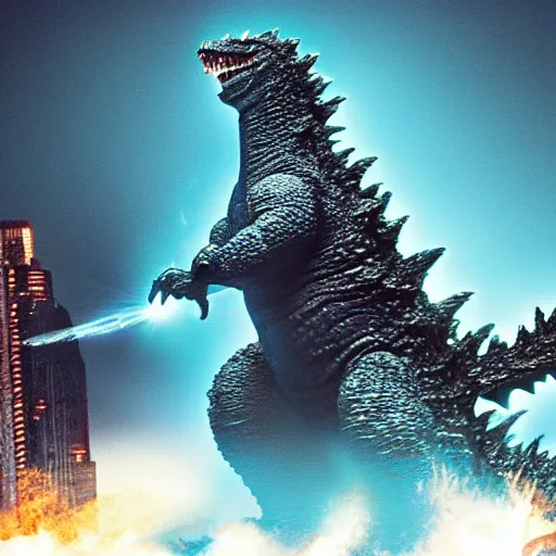 Image similar to godzilla in the bathroom brushing his teeth, electric toothbrush