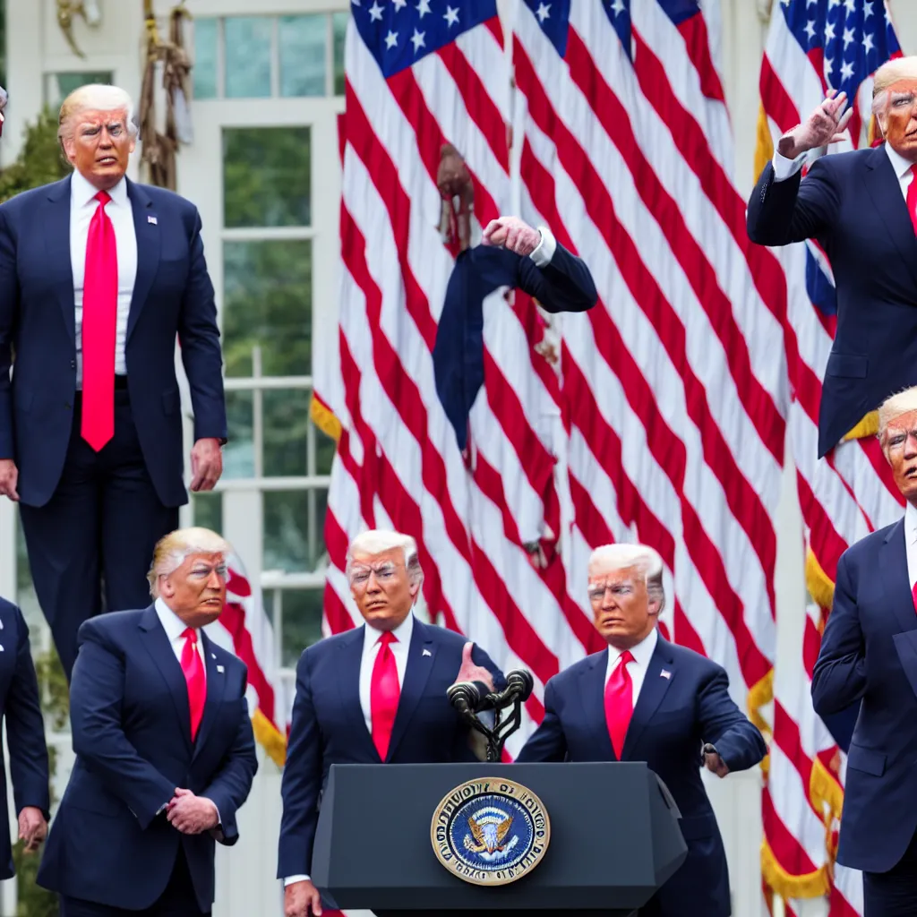 Prompt: muscular joe biden standing next to muscular donald trump standing next to muscular barack obama, highly detailed, high quality, hd, 4 k, 8 k, canon 3 0 0 mm, professional photographer, 4 0 mp, lifelike, top - rated, award winning, realistic, sharp, no blur, edited, corrected, trending