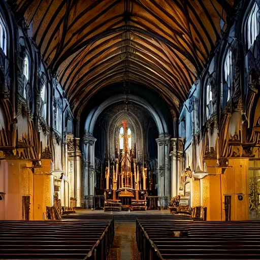 Prompt: wide shot photo taken of an epic intricate, ultra detailed, super realistic empty church after dusk filmset created by weta workshop directed by tim burton, menacing, wide angle shots, moody night time scene, photorealistic, sharp focus, gloomy, extremely cold blueish colour temperature, 3 5 mm, f 1. 4