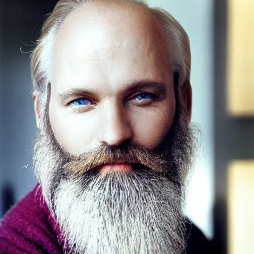 Image similar to color 35mm film still of a balding, middle aged blond man with a full blond beard and dark blue eyes, figure portrait