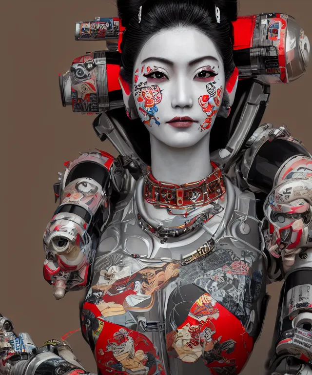 Image similar to an epic fantastic realism comic book style portrait painting of a japanese robotic geisha with kanji tattoos and decals, apex legends, octane render, intricate detail, 4 k hd, unreal engine 5