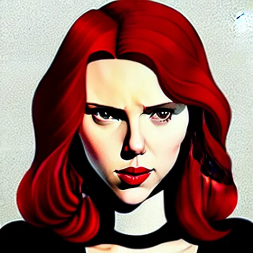 Image similar to phil noto, pretty scarlett johansson black widow, symmetrical eyes, long red hair, full body, city rooftop