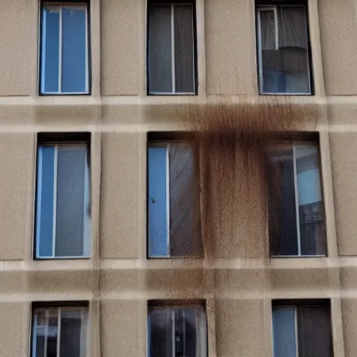 Image similar to long hair growing from windows and doors of large apartment building, the hair reaches the ground, realistic