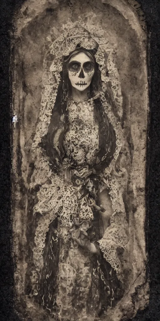 Image similar to tintype full body view, virgin mary in dia de muertos dress and make up, horrific beautiful vibe, evocative, atmospheric lighting, painted, intricate, highly detailed,