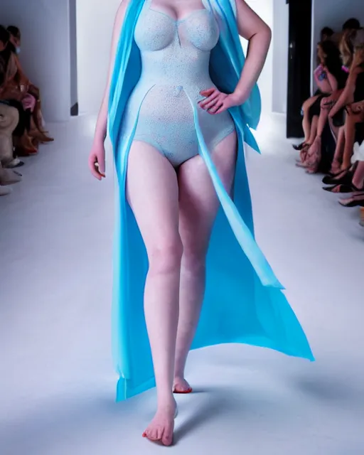 Image similar to olivia wearing an outfit made of blue ice cream, runway model at new york fashion week, curvy, black hair, freckles, pale skin, half body shot, photo by greg rutkowski, stage lighting, soft colors, female beauty, intricate detail, elegance, 3 5 mm, depth of field, masterpiece