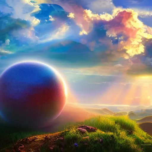 Prompt: fantastical vibrant sphere shaped cloud with holes for eyes and mouth, in a nature scene by marc adamus, high definition, sun breaking behind the sphere, cheerful, rave art