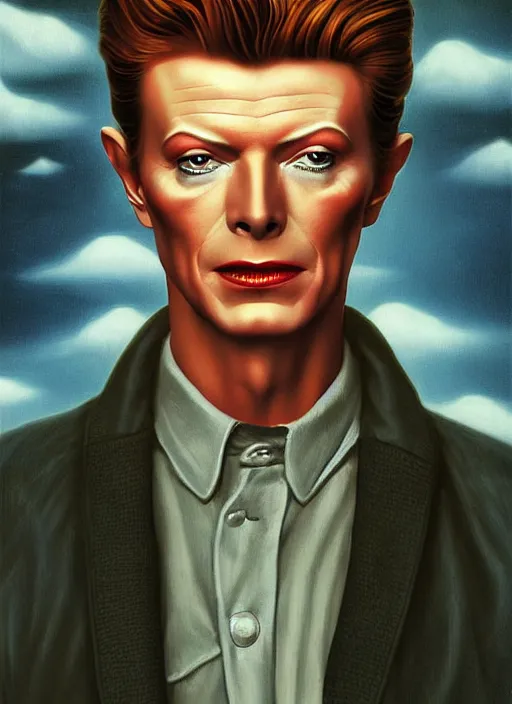 Image similar to twin peaks poster art, portrait of david bowie in small town solving mystery, by michael whelan, rossetti bouguereau, artgerm, retro, nostalgic, old fashioned